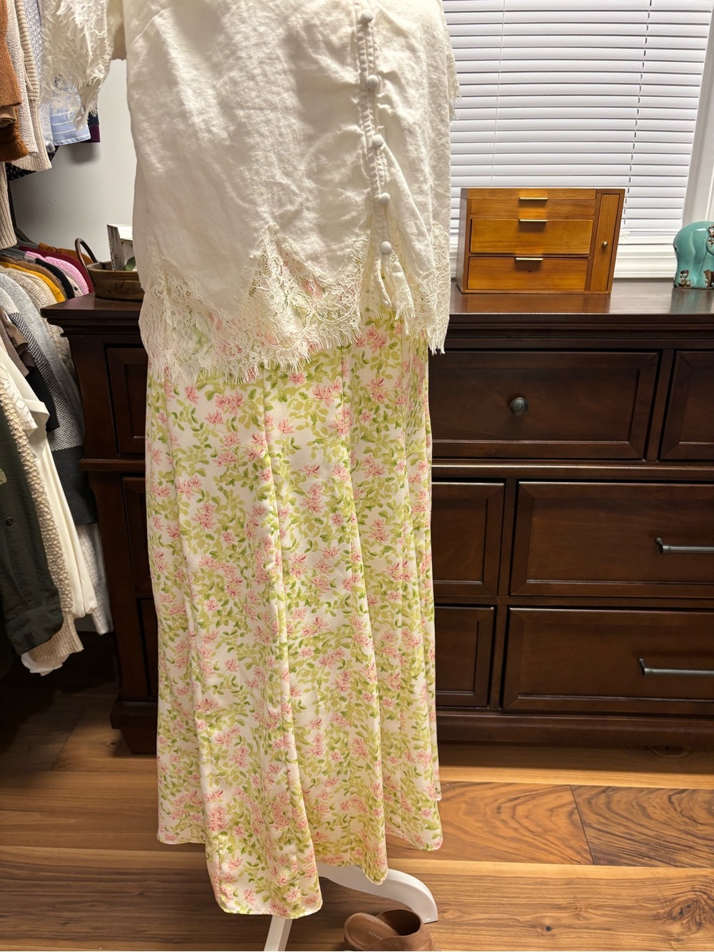 LC Lauren Conrad Cream Maxi Skirt with Pink & Green Floral Print